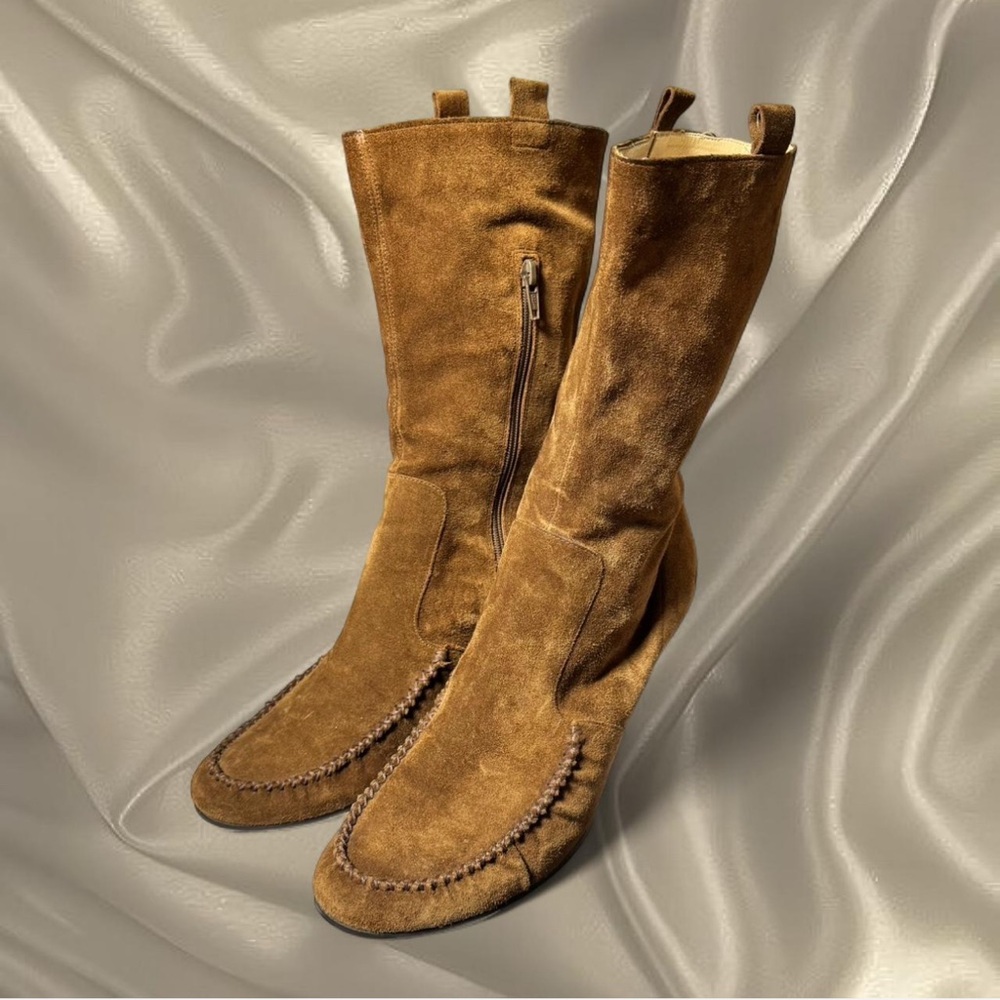 Italian Suede Mid-Calf Boots | Plush Tobacco Brown | Minimal Block‎ Heel 9.5